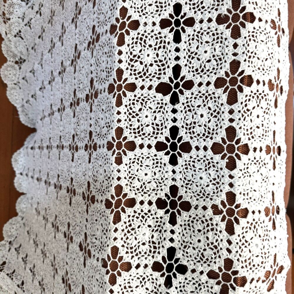 Vintage Hand Crocheted White Lace Tablecloth Doily Rectangle White 66”x47”